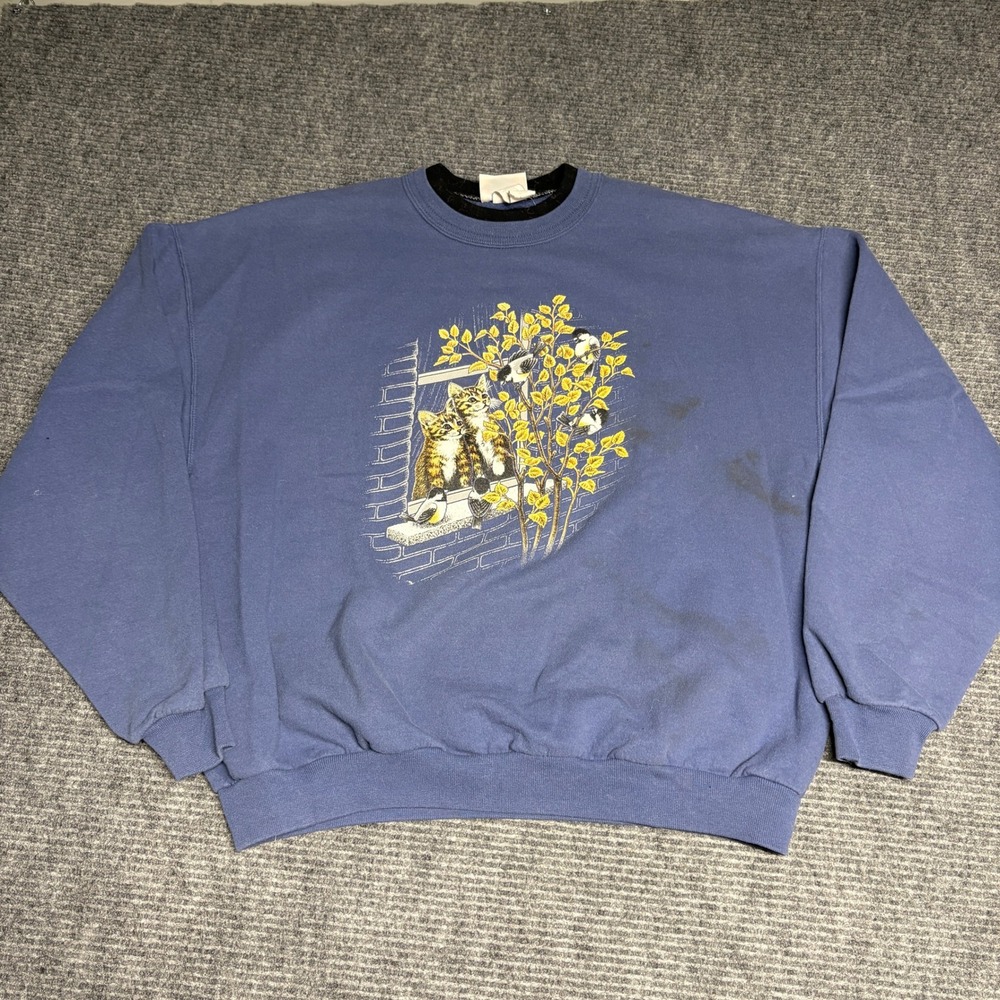 Morning‎ Sun Mens XL Blue Graphic Sweatshirt Cats Window Tree Nature